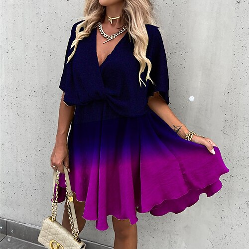 

Femme Manche Courte Printemps Eté Multirang Imprimer Dégradé de Couleur Col V Ample 2022 Bleu Fuchsia bleu marine S M L XL