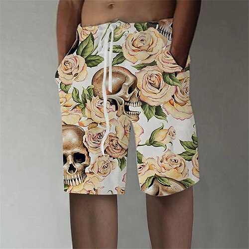 

Men's Stylish Designer Straight Shorts 3D Print Elastic Waist Short Pants Sports Outdoor Daily Graphic Prints Skull Cotton Blend Comfort Breathable Mid Waist Yellow M L XL XXL 3XL / Summer / Beach