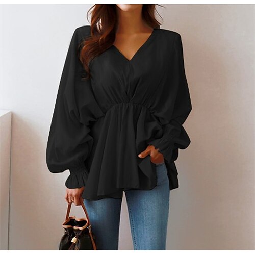 

Women's Shirt Peplum Black Blue Beige Plain Ruffle Long Sleeve Daily Going out Elegant V Neck S