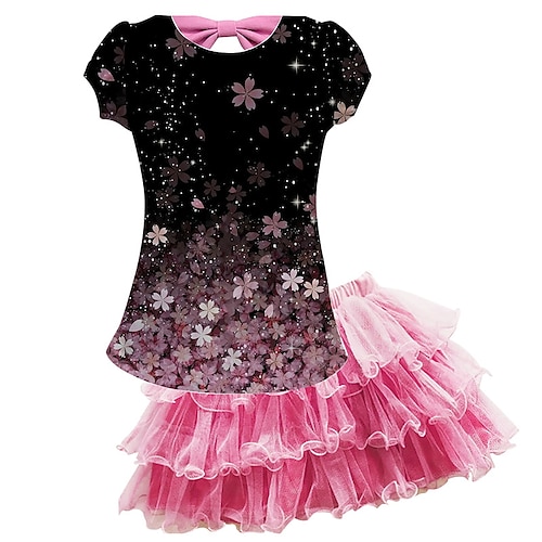 

2 Pieces Kids Girls' T-shirt & Skirt SkirtSet Clothing Set Outfit Floral Short Sleeve Mesh Set Outdoor Active Fashion Cute Spring Summer 3-10 Years Pink
