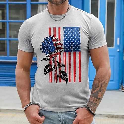 

Men's T shirt Tee Hot Stamping Floral Graphic National Flag Crew Neck Street Casual Short Sleeve Tops Basic Fashion Classic Comfortable Gray