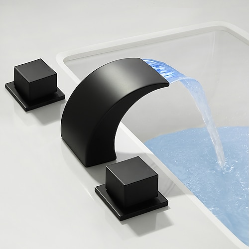 Rubinetto Bagno A Cascata Nero Opaco – Due Maniglie – Foro 8 Pollici – Con Scarico Pop-up Incluso