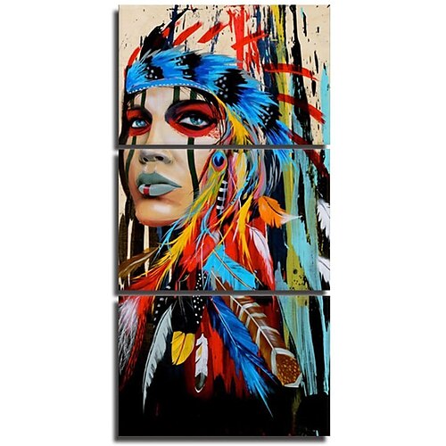 

3 Pieces Native American Canvas Painting for Living Room Indian Girl Warrior Feathered Women Chief Wall Art Picrure Fighting Buffalo Print Poster Artwork