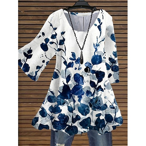 

Mujer Camisa Blusa Azul Piscina Floral Estampado Manga 3/4 Diario Festivos Ropa de calle Cuello redondo Regular XL