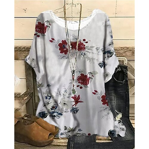 

Women's Plus Size Tops Blouse Shirt Floral Print Short Sleeve Crewneck Streetwear Daily Going out Cotton Spandex Jersey Spring Summer Gray Red