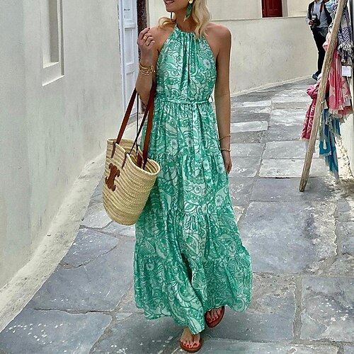 

Women's Casual Dress Swing Dress Boho Dress Long Dress Maxi Dress Green Blue Fuchsia Sleeveless Floral Backless Spring Summer Halter Neck Loose Fit 2022 S M L XL