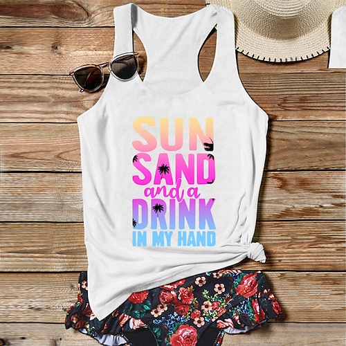 

Women's Plus Size Tops Tank Top Letter Racerback Print Sleeveless U Neck Streetwear Hawaiian Daily Vacation Cotton Spring Summer White Black