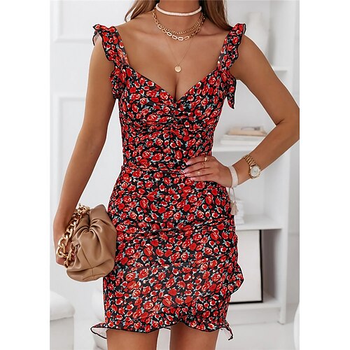 

Women's Bodycon Sheath Dress Mini Dress Black Khaki Red Sleeveless Floral Ruffle Spring Summer V Neck Mature Loose Fit 2022 S M L XL