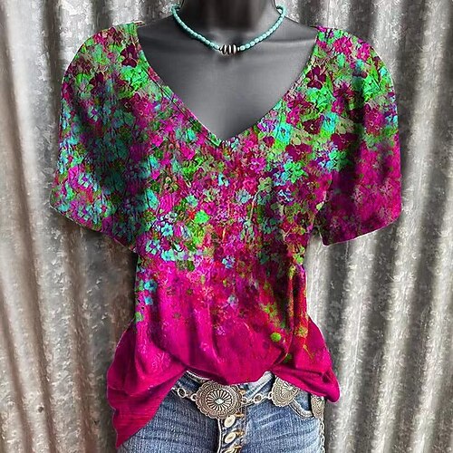 

Women's Plus Size Tops Blouse T shirt Tee Floral Print Short Sleeve V Neck Streetwear Daily Vacation Cotton Blend Spring Summer Green Blue