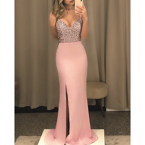 

Mermaid / Trumpet Prom Dresses Sparkle & Shine Dress Prom Sweep / Brush Train Sleeveless Spaghetti Strap Sequined Backless with Sequin Slit 2022 / Formal Evening / Open Back