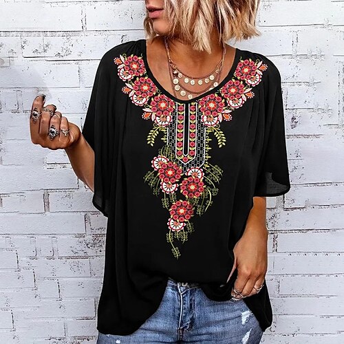 

Women's Blouse Shirt Green Blue Purple Floral Ruffle Print Short Sleeve Holiday Weekend Streetwear Ethnic Round Neck Regular Floral S / 3D Print