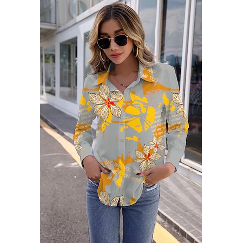 

Women's Daily Weekend Floral Blouse Shirt Floral Long Sleeve Button Print Shirt Collar Casual Streetwear Hawaiian Tops Green Gray S / 3D Print