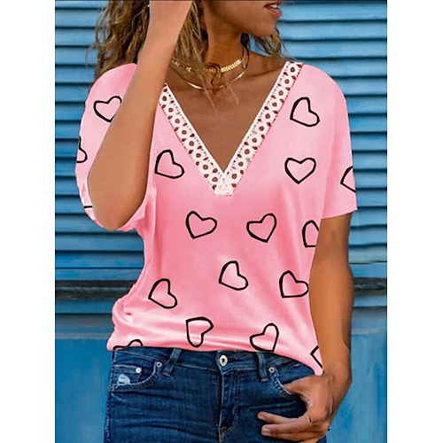 

Women's T shirt Tee Pink Heart Print Short Sleeve Casual Valentine Basic V Neck Regular Painting S