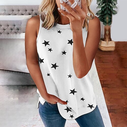

Women's Daily Weekend Geometric Tank Top Camis Star Sleeveless Print Round Neck Casual Streetwear Tops Green White Gray S