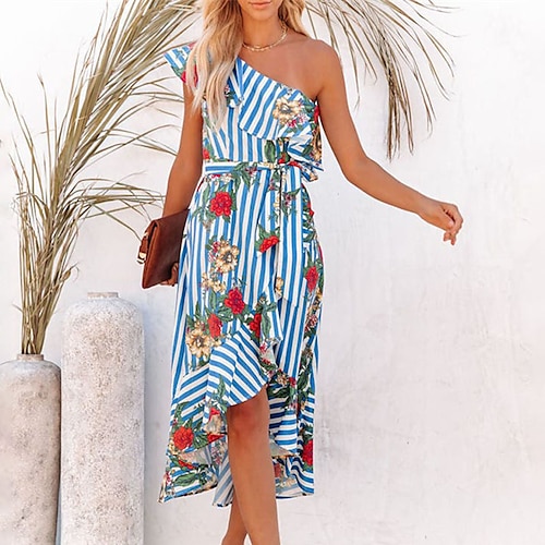 

Mujer Vestido de Columpio Vestido bohemio Vestido Midi Azul Piscina Sin Mangas Floral Acordonado Primavera Verano Un Hombro Fin de semana 2022 S M L XL