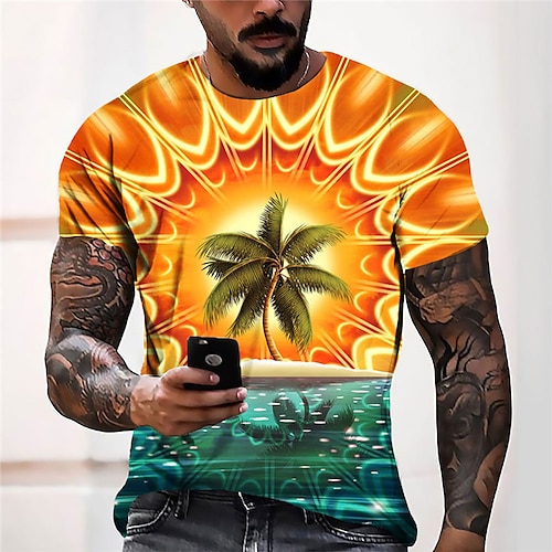 

Men's Unisex T shirt Tee 3D Print Graphic Prints Coconut Tree Beach Crew Neck Street Daily Print Short Sleeve Tops Casual Designer Big and Tall Sports Orange
