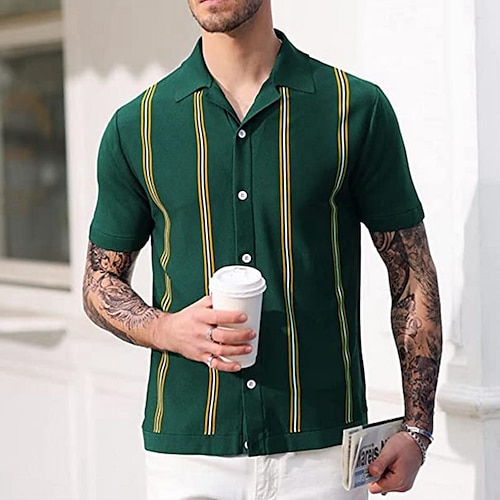 

Men's Shirt Print Striped Turndown Casual Daily Button-Down Print Short Sleeve Tops Casual Fashion Breathable Green