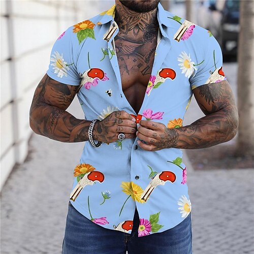 

Men's Shirt Print Floral Turndown Street Casual Button-Down Print Short Sleeve Tops Casual Fashion Designer Breathable Blue