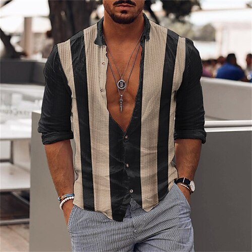 

Men's Shirt Striped Turndown Street Casual Button-Down Print Long Sleeve Tops Casual Fashion Breathable Comfortable Black / White