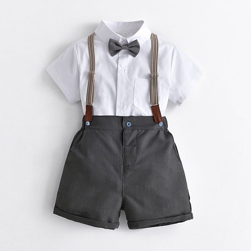 

2 Pieces Kids Boys Shirt & Shorts Clothing Set Outfit Color Block Short Sleeve Ruched Cotton Set Outdoor Daily Preppy Style Spring Summer 1-5 Years Gray