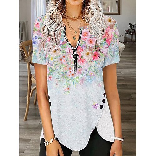 

Women's Casual Weekend Floral Geometric Painting T shirt Tee Floral Geometric Short Sleeve Quarter Zip Print V Neck Basic Tops Green Purple Pink S / 3D Print