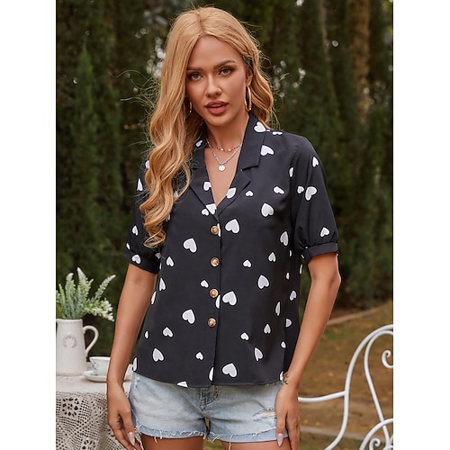 

Women's Daily Weekend Blouse Shirt Heart Short Sleeve Button Print Shirt Collar Casual Streetwear Tops Green Black Red S