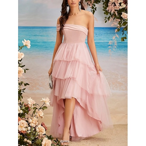 

A-Line Prom Dresses Princess Dress Wedding Guest Asymmetrical Sleeveless One Shoulder Tulle with Tier Pure Color 2022