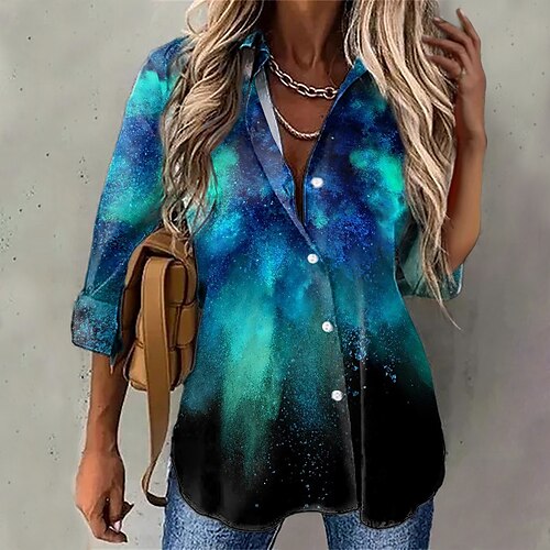 

Women's Blouse Shirt Abstract Tie Dye Button Print Shirt Collar Casual Streetwear Tops Green Blue Pink / 3D Print