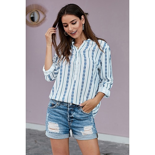 

Women's Daily Weekend Blouse Shirt Striped Long Sleeve Button Print V Neck Casual Streetwear Tops Green Black Blue S