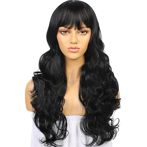 

lack Wigs For Black Women Machine Made Black Synthetic Wigs 22 Inch Glueless Body Wave Long Synthetic Cosplay 1B Wig With Bangs Heat Safe