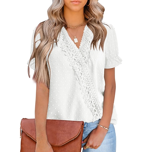 

Women's Plain Daily Weekend Blouse Shirt Short Sleeve Lace V Neck Casual Streetwear Tops Green White Black S