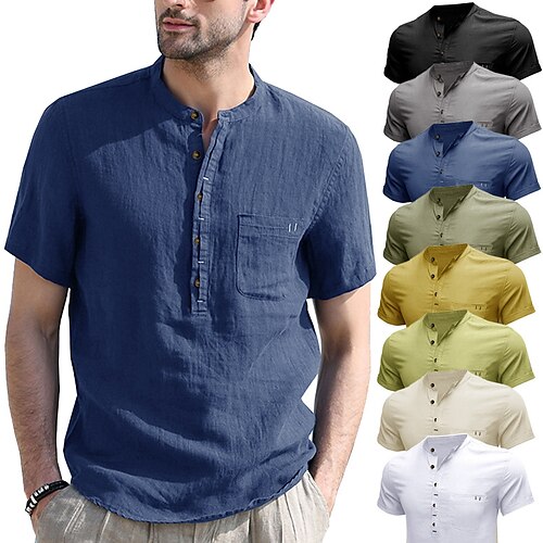 

Homens Camisa Social camisa de linho camisa de verão camisa de praia Preto Branco Amarelo Manga Curta Tecido Henley Verão Casual Diário Roupa Bolso frontal