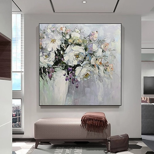 

Oil Painting Hand Painted Square Still Life Floral / Botanical Modern Stretched Canvas