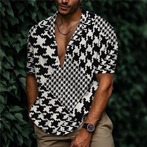 

Homens Camisa Social Houndstooth Aberto para a Lateral Preto Estampado Ao ar livre Rua Manga Curta Botão para baixo Imprimir Roupa Moda Designer Casual Respirável / Verão / Primavera / Verão