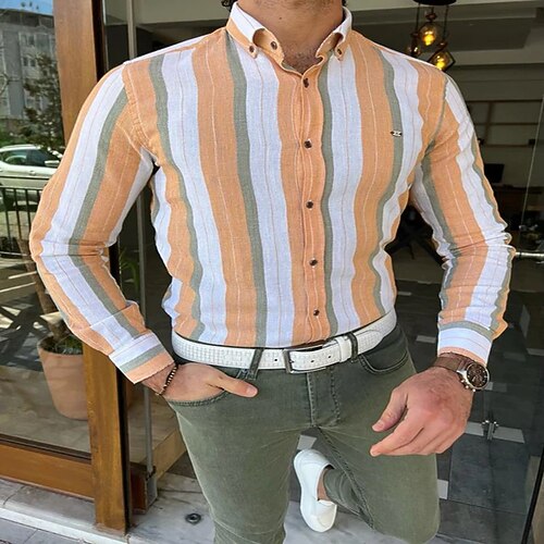 

Men's Shirt Striped Turndown Casual Daily Button-Down Short Sleeve Tops Casual Fashion Breathable Comfortable Orange