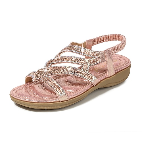 

Women's Sandals Boho Bohemia Beach Sparkly Sandals Rhinestone Flat Heel Round Toe Open Toe Elegant Casual Party Beach PU Leather Elastic Band Spring Summer Solid Colored Black Rosy Pink Silver