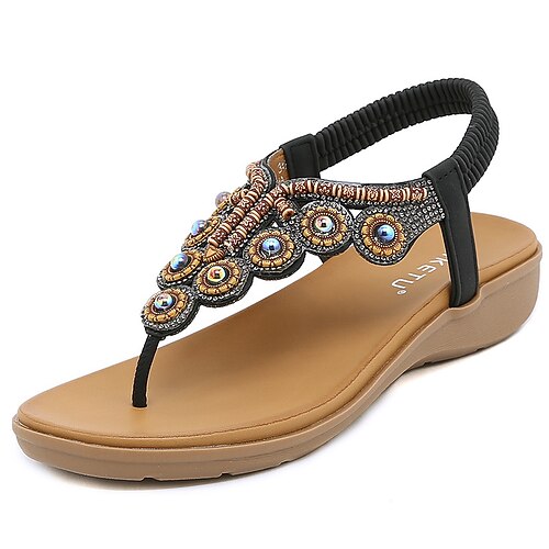 

Women's Sandals Flat Sandals Rhinestone Flat Heel Round Toe Open Toe Elegant Casual Daily Office Walking Shoes PU Leather Elastic Band Spring Summer Solid Colored Almond Black Blue