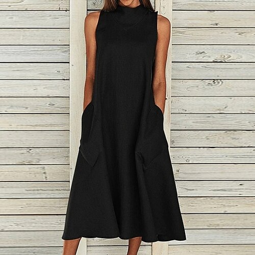 

Women's Casual Dress Midi Dress Black Sleeveless Pure Color Ruched Spring Summer Crew Neck 2022 S M L XL XXL 3XL