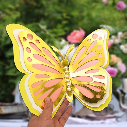 

Golden Pearl Hollow Butterfly Wall Sticker 3D Four-layer Butterfly Wedding Festival Butterfly Decoration Sticker