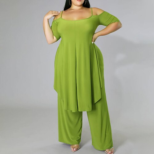 

Women's Plus Size Tops Set Plain Backless Short Sleeve One Shoulder Sexy Daily Going out Polyester Fall Spring Green Black / Square Neck