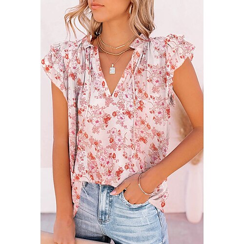 

Women's Floral Daily Weekend Floral Blouse Shirt Short Sleeve Lace up Print V Neck Casual Streetwear Tops Green White Blue S / 3D Print