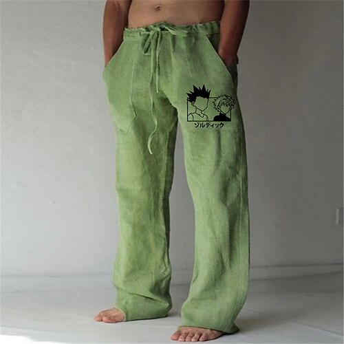 

Inspired by Hunter X Hunter Killua Zoldyck Linen Pants Straight Trousers Cotton Blend Anime Elastic Drawstring Design Front Pocket Pants For Men's