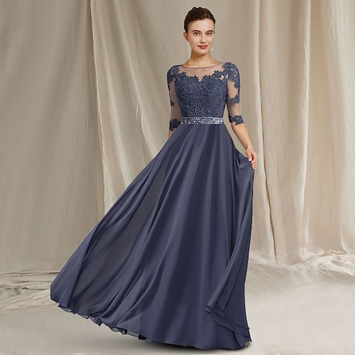 

A-Line Mother of the Bride Dress Luxurious Elegant Jewel Neck Floor Length Chiffon Lace Tulle Half Sleeve with Crystals Appliques 2022