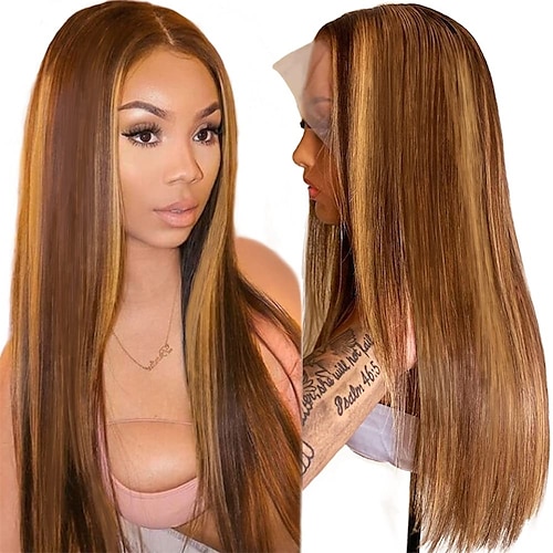 

13x4 Ombre Highlight HD Lace Front Wigs Human Hair Pre Plucked 150 Density Honey Blonde Straight Human Hair Wigs for Women Soft Transparent Frontal Wig Colored