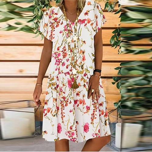 

Women's Shift Dress Midi Dress White Beige Short Sleeve Floral Print Spring Summer V Neck Vacation Loose Fit 2023 S M L XL XXL 3XL 4XL 5XL