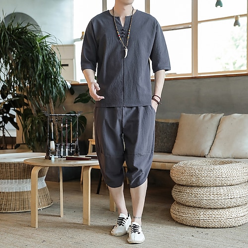 

Men's Set Solid Colored Round Neck Light gray Dark Gray Navy Blue White Black Casual Daily 3/4-Length Sleeve Clothing Apparel 2pcs Chinese Style / Summer / Summer