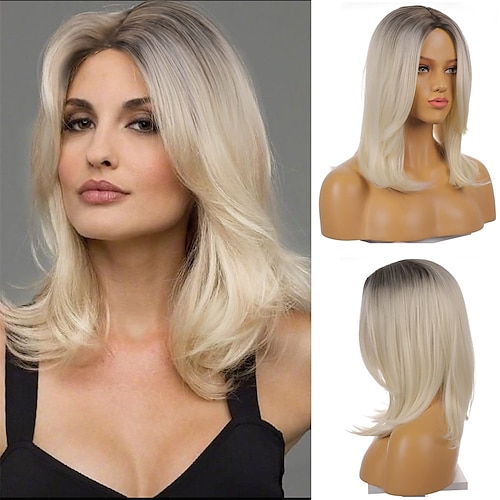 

Shoulder Length Blonde Wigs with Bangs Straight Light Blonde Wigs for Women Ombre Synthetic Blond Wig Bang Layered Wig with Dark Roots White Heir Wig for Daily Party Cosplay