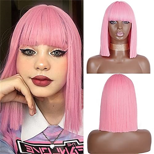 

kort pink bob hår parykker lige med fladt pandehår syntetisk farverig cosplay daglig fest paryk til sorte kvinder naturlig paryk