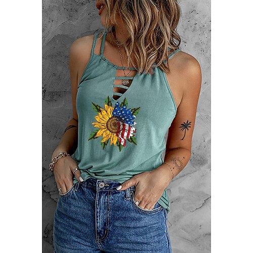 

Women's Casual Weekend Independence Day Tank Top Camis Sunflower American Flag Sleeveless Cut Out Print V Neck Casual Streetwear Tops Green White Black S