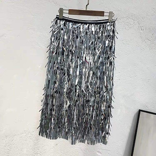 

Women's Skirt Midi Polyester Blue Pink Silver Black Skirts Summer Tassel Fringe Without Lining Fashion Sequins Performance Weekend M L XL